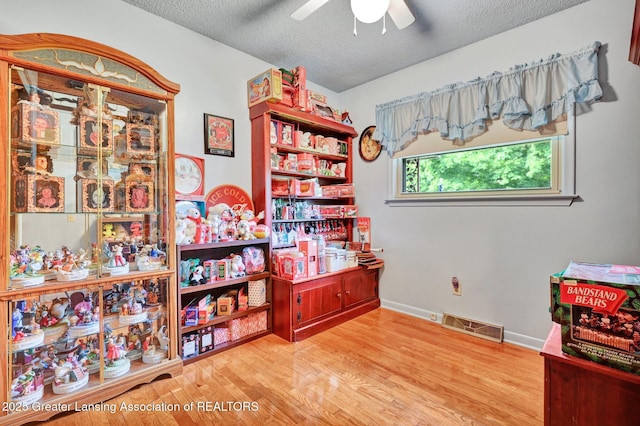 7713 Jon Scott Dr, Grand Ledge, MI 48837 - game room featuring ceiling fan, wood finished floors, a textured ceiling, and baseboards