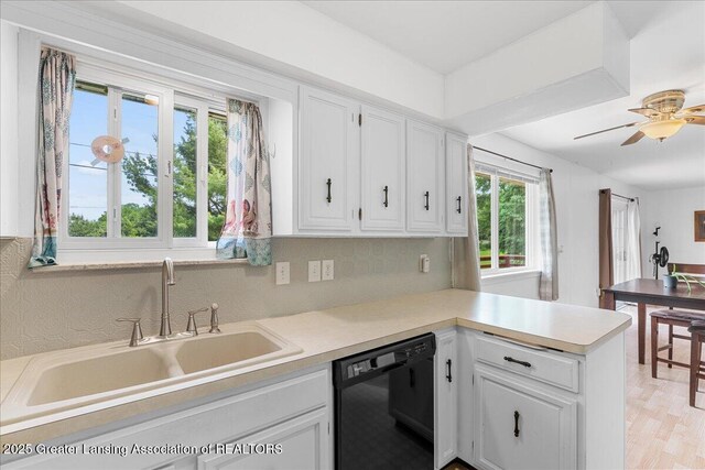 1941 S Royston Rd, Eaton Rapids, MI 48827 - kitchen featuring dishwasher, a sink, a peninsula, white cabinetry, and light countertops
