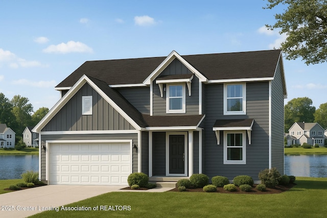 605 Landbridge, Perry, MI 48872 - traditional-style home featuring board and batten siding, driveway, a water view, and a front lawn