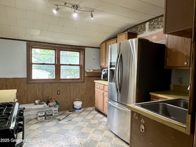 125 N E St, Mason, MI 48854 - kitchen with black range with gas cooktop, wood walls, wainscoting, a sink, and light countertops