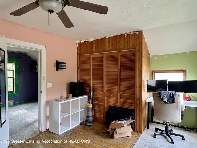125 N E St, Mason, MI 48854 - home office with ceiling fan, hardwood / wood-style floors, a textured ceiling, and lofted ceiling