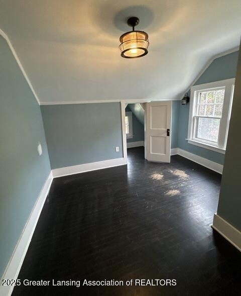 1141 N Genesee Dr, Lansing, MI 48915 - bonus room with baseboards, lofted ceiling, and dark wood-style flooring
