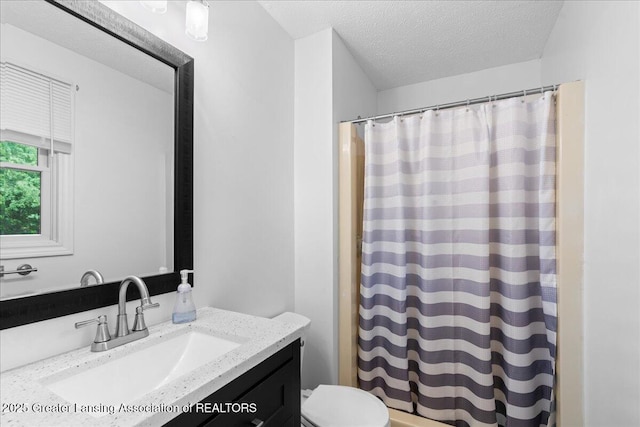 1055 Hull Rd, Mason, MI 48854 - bathroom with vanity, a textured ceiling, toilet, and curtained shower