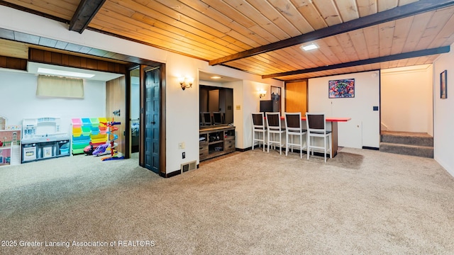 120 Chanticleer Trl, Lansing, MI 48917 - bar area featuring carpet floors, wood ceiling with exposed beams, and stairs