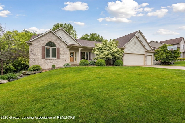 11782 Sara Ann Dr, Dewitt, MI 48820 - ranch-style house featuring concrete driveway, a garage, a front lawn, brick siding, and a shingled roof