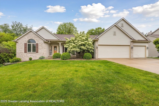 11782 Sara Ann Dr, Dewitt, MI 48820 - ranch-style house with concrete driveway, a garage, a front lawn, and brick siding