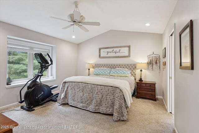 11782 Sara Ann Dr, Dewitt, MI 48820 - bedroom with carpet floors, baseboards, vaulted ceiling, recessed lighting, and ceiling fan