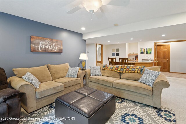 11782 Sara Ann Dr, Dewitt, MI 48820 - living area featuring recessed lighting, light colored carpet, and a ceiling fan