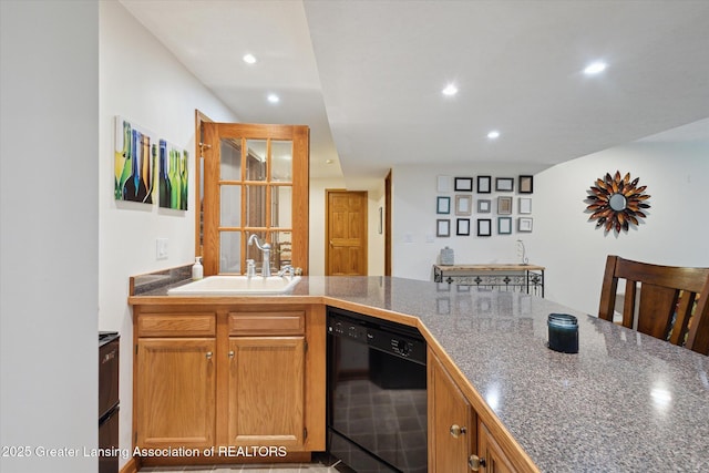 11782 Sara Ann Dr, Dewitt, MI 48820 - kitchen with dishwasher, a sink, recessed lighting, tile countertops, and brown cabinetry