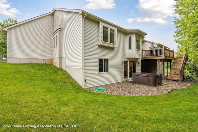 11782 Sara Ann Dr, Dewitt, MI 48820 - rear view of house with a hot tub, a wooden deck, stairs, and a yard