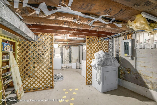 4434 Holt Rd, Holt, MI 48842 - unfinished below grade area with electric panel and washer and dryer