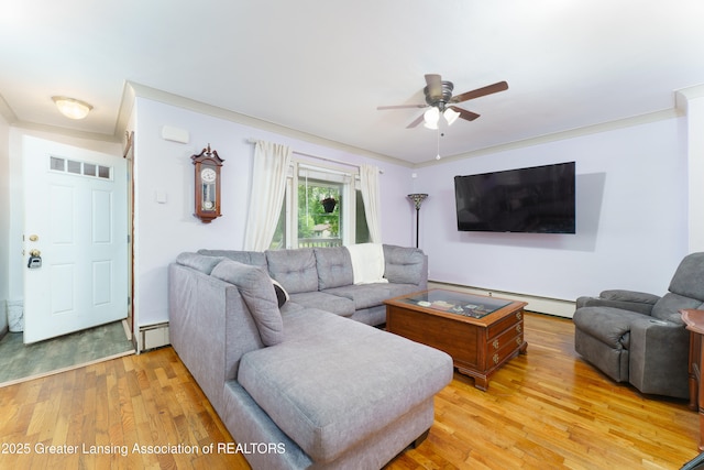 5013 Algonquin Way, Okemos, MI 48864 - living room with baseboard heating, ceiling fan, light wood-style flooring, and a baseboard radiator