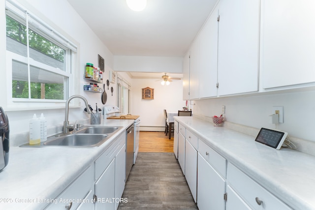 5013 Algonquin Way, Okemos, MI 48864 - kitchen featuring a sink, wood finished floors, baseboard heating, white cabinetry, and light countertops