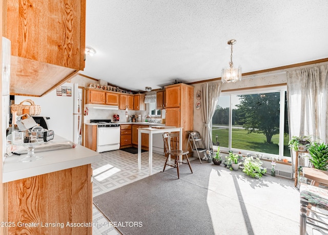 1200 S Michigan Rd, Eaton Rapids, MI 48827 - kitchen with gas range gas stove, light countertops, a textured ceiling, pendant lighting, and under cabinet range hood
