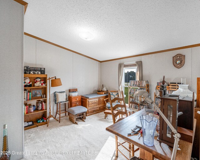 1200 S Michigan Rd, Eaton Rapids, MI 48827 - living area featuring crown molding, carpet flooring, a textured ceiling, and vaulted ceiling