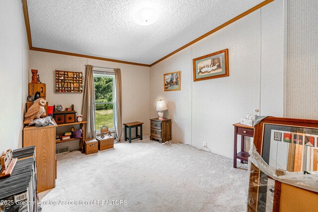 1200 S Michigan Rd, Eaton Rapids, MI 48827 - bedroom featuring ornamental molding, lofted ceiling, a textured ceiling, and carpet