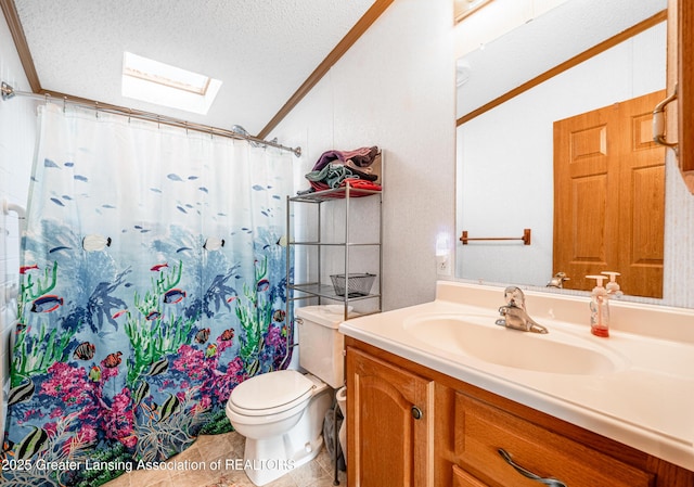 1200 S Michigan Rd, Eaton Rapids, MI 48827 - full bath with a skylight, a textured ceiling, toilet, vanity, and lofted ceiling