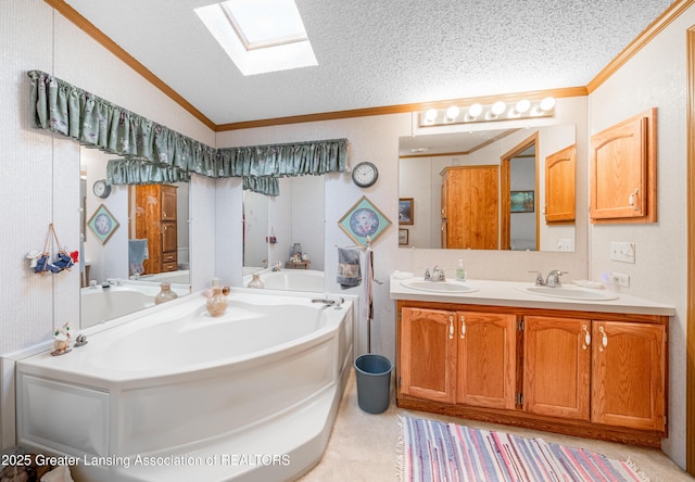 1200 S Michigan Rd, Eaton Rapids, MI 48827 - bathroom with a skylight, ornamental molding, lofted ceiling, a bath, and double vanity