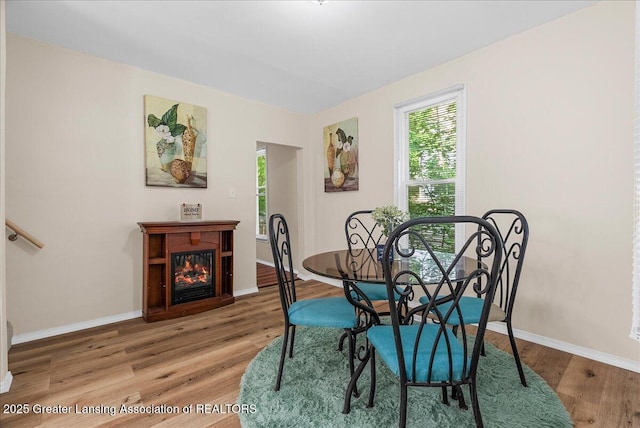 1128 Hickory St, Lansing, MI 48912 - dining space with a glass covered fireplace, wood finished floors, and baseboards