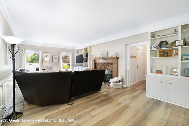 2038 Woodfield Rd, Okemos, MI 48864 - living area featuring light wood-type flooring, a fireplace, ornamental molding, and built in features