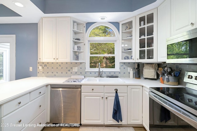 2038 Woodfield Rd, Okemos, MI 48864 - kitchen with stainless steel appliances, a sink, backsplash, white cabinetry, and glass insert cabinets