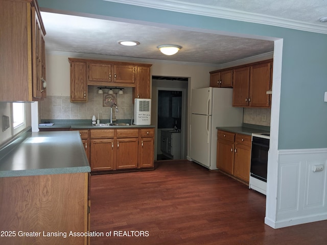 15632 Park Lake Rd, East Lansing, MI 48823 - kitchen with stove, a sink, tasteful backsplash, dark wood-style flooring, and freestanding refrigerator