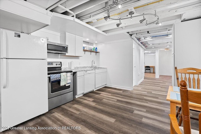 5195 E Brookfield Dr, East Lansing, MI 48823 - kitchen with appliances with stainless steel finishes, open shelves, dark wood finished floors, light countertops, and white cabinetry