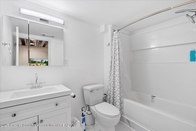 5195 E Brookfield Dr, East Lansing, MI 48823 - bathroom featuring toilet, shower / tub combo, vanity, and ornamental molding