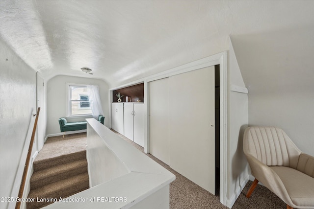 1718 Victor Ave, Lansing, MI 48910 - staircase with carpet flooring, lofted ceiling, and baseboards