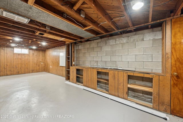 1718 Victor Ave, Lansing, MI 48910 - below grade area featuring wooden walls and concrete block wall