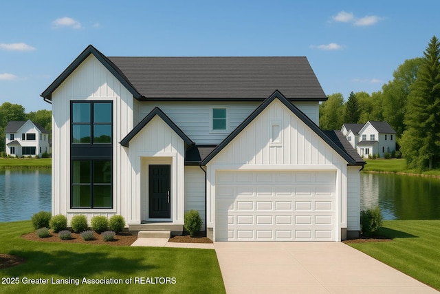 606 Launch Point Dr, Perry, MI 48872 - modern inspired farmhouse featuring board and batten siding, a water view, a front lawn, and concrete driveway