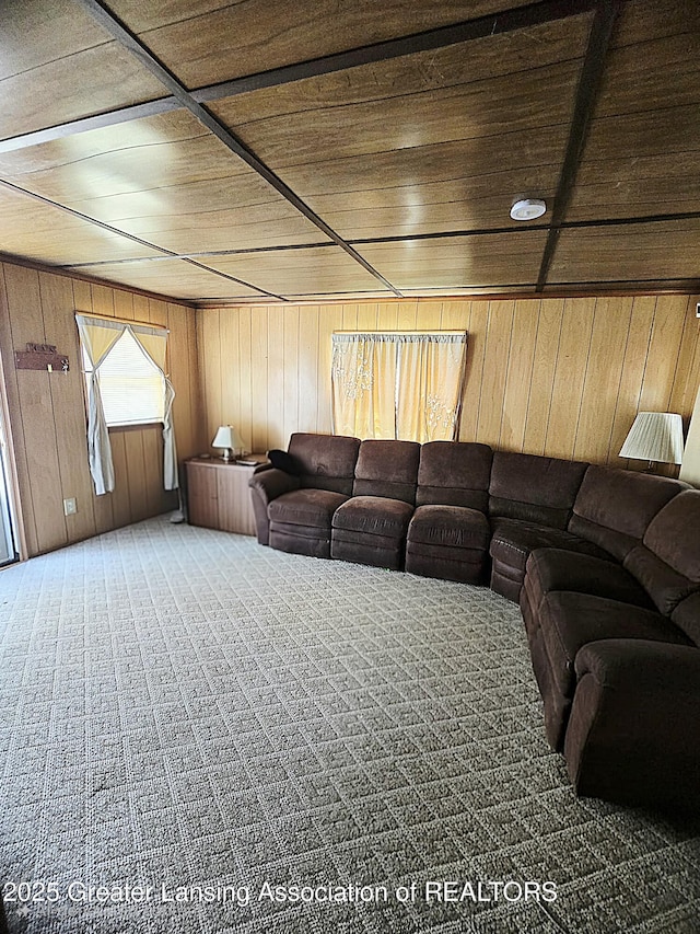 6574 Sawmill Rd, Harrison, MI 48625 - carpeted living room with wood ceiling and wood walls