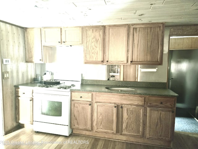6574 Sawmill Rd, Harrison, MI 48625 - kitchen featuring white gas range, wood finished floors, and dark countertops