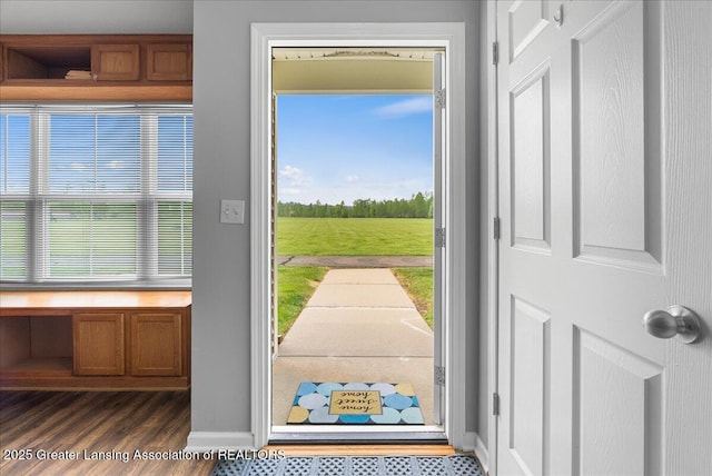 12947 Townsend Dr Unit 412, Grand Ledge, MI 48837 - doorway to outside with dark wood-style flooring and baseboards