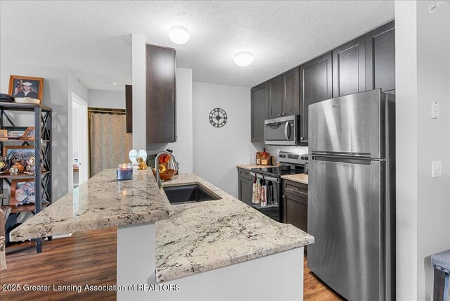 12947 Townsend Dr Unit 412, Grand Ledge, MI 48837 - kitchen featuring appliances with stainless steel finishes, a sink, a peninsula, wood finished floors, and light stone countertops