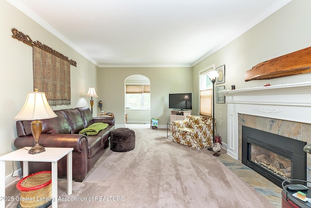 544 Collingwood Dr, East Lansing, MI 48823 - carpeted living area with a tiled fireplace, crown molding, and arched walkways