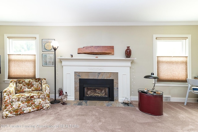 544 Collingwood Dr, East Lansing, MI 48823 - detailed view of carpet flooring, crown molding, and a tiled fireplace