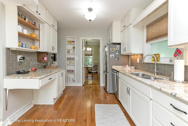 544 Collingwood Dr, East Lansing, MI 48823 - kitchen featuring open shelves, wood finished floors, white cabinets, tasteful backsplash, and appliances with stainless steel finishes