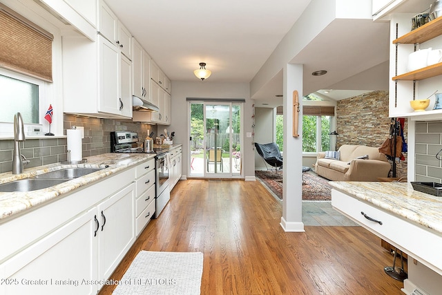 544 Collingwood Dr, East Lansing, MI 48823 - kitchen featuring stainless steel electric stove, under cabinet range hood, open shelves, light wood finished floors, and white cabinetry
