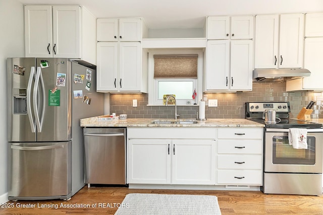 544 Collingwood Dr, East Lansing, MI 48823 - kitchen featuring appliances with stainless steel finishes, under cabinet range hood, white cabinets, and tasteful backsplash