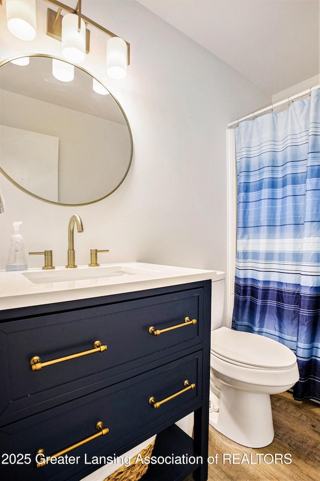 1808 Cadillac Ave, Lansing, MI 48917 - bathroom featuring vanity, toilet, wood finished floors, and a shower with curtain