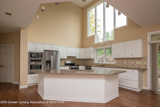 1120 Nautical Dr, Okemos, MI 48864 - kitchen featuring stainless steel appliances, high vaulted ceiling, a sink, a center island, and white cabinets