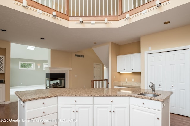1120 Nautical Dr, Okemos, MI 48864 - kitchen with a sink, dark wood finished floors, a multi sided fireplace, open floor plan, and white cabinetry