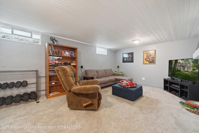 942 W Grand River Ave, East Lansing, MI 48823 - living room featuring carpet flooring, concrete block wall, and wood ceiling
