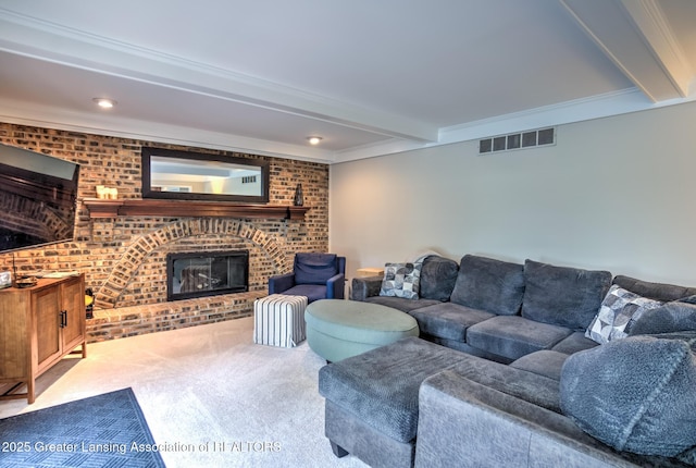 6108 Skyline Dr, East Lansing, MI 48823 - living room featuring a brick fireplace, beam ceiling, carpet flooring, and crown molding