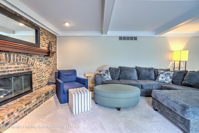 6108 Skyline Dr, East Lansing, MI 48823 - living area with carpet, a brick fireplace, beam ceiling, and ornamental molding