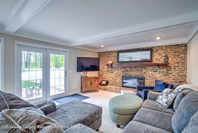 6108 Skyline Dr, East Lansing, MI 48823 - carpeted living area featuring beamed ceiling, a fireplace, crown molding, and baseboards