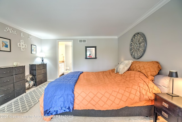 6108 Skyline Dr, East Lansing, MI 48823 - bedroom with ornamental molding, carpet, and ensuite bath
