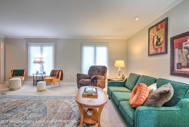 6108 Skyline Dr, East Lansing, MI 48823 - living area with ornamental molding, carpet floors, and baseboards