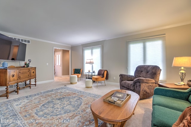 6108 Skyline Dr, East Lansing, MI 48823 - carpeted living room with crown molding and baseboards